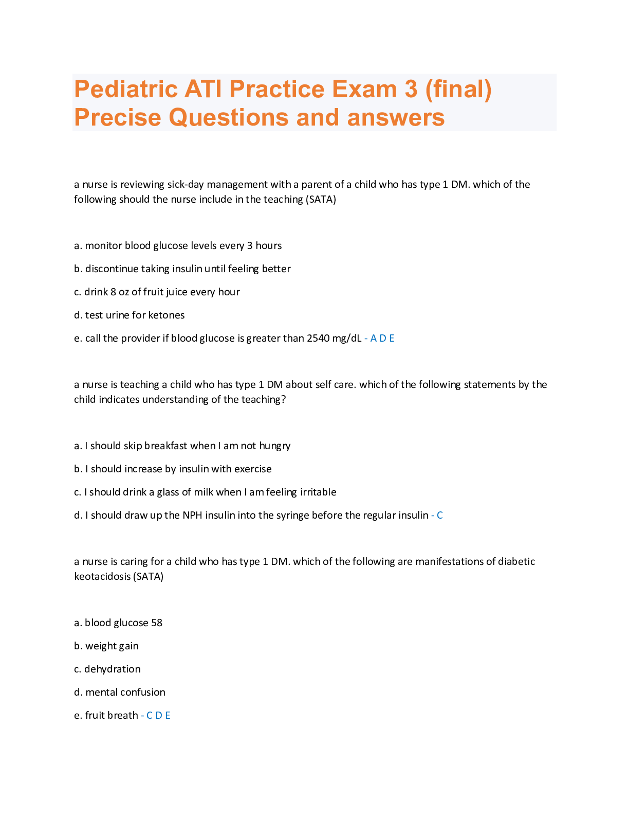 Preview image for Pediatric ATI Practice Exam 3 (final) Precise Questions and answers